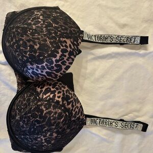 Victoria's Secret Black Lace & Leopard Rhinestone Strap Push-Up Bra